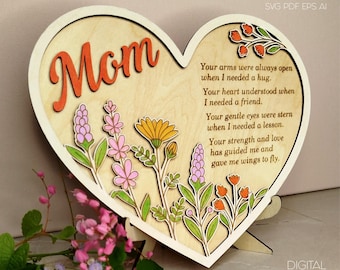 Heart Shaped Mom Sign Laser Cut File: Floral Mother's Day Decor (SVG, PDF, AI)