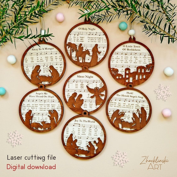 Nativity Ornaments with Christmas Carol Sheet Music SVG Laser Cut File (Digital Download)