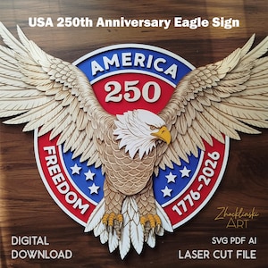 A wooden sign featuring a detailed eagle with outstretched wings, set against a red, white, and blue circular background. The sign reads "USA 250th Anniversary Eagle Sign," with "America 250" and "Freedom" prominently displayed. The sign also includes the years "1776-2026".