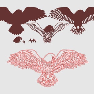 Pu&ograve; includere: Tre diversi stili di silhouette di aquile. Le prime due sono marroni e la terza &egrave; delineata in rosso. La prima aquila guarda a sinistra, la seconda a destra e la terza in avanti.