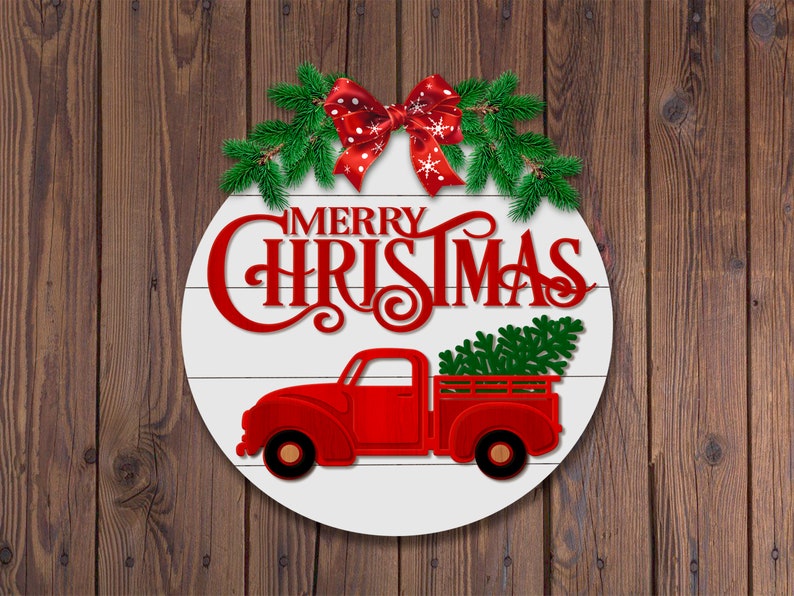 Christmas Door Hanger Christmas Red Truck SVG Christmas Ornament Christmas decor SVG Christmas vector Christmas ornament Glowforge image 2