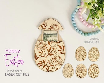 Archivo SVG cortado con láser de portamonedas de huevo de Pascua floral (descarga digital)