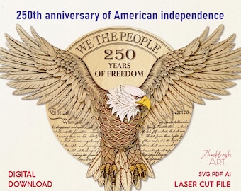 File per taglio laser dell'aquila degli Stati Uniti per il 250° anniversario: insegna patriottica della Dichiarazione d'Indipendenza (download digitale)