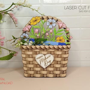 Happy Mother’s Day Geldbeutel Kartenhalter Lasercut-Dateien Weidenkorb mit Wildblumen Geschenk für Mama Digitaler Download