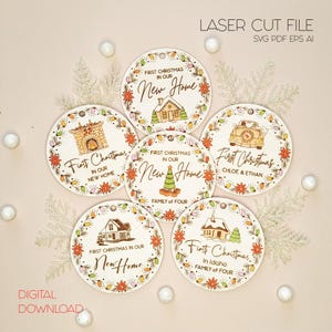 Premier Noël dans notre nouvelle maison, boule de Noël ronde, fichier découpé au laser, conception de cadeau de Noël personnalisé, décoration de Noël pour jeunes mariés, SVG