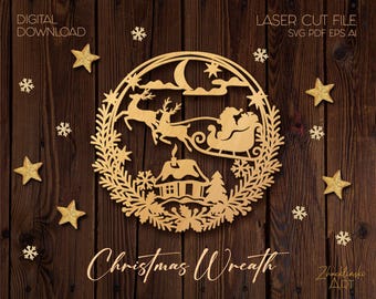 Christmas Wreath Laser Cutting File SVG Christmas Ornament Gift design Christmas DIY Ornament Template Instant Download