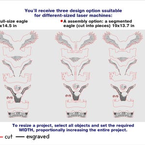May include: A digital design file for laser cutting featuring an eagle motif with red cut lines and black engraved lines. Text includes: You'll receive three design option ssuitable for different-sized laser machines: A full-size eagle 20x14.5 in, A assembly option: a segmented eagle (cut into pieces) 19x13.7 in, 1776-ANNIVERSARY-2026 UNITED STATES OF AMERICA, and To resize a project, select all objects and set the required WIDTH, proportionally increasing the entire project.