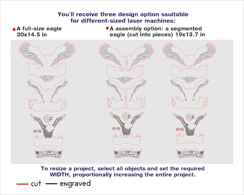 May include: A digital design file for laser cutting featuring an eagle motif with red cut lines and black engraved lines. Text includes: You'll receive three design option ssuitable for different-sized laser machines: A full-size eagle 20x14.5 in, A assembly option: a segmented eagle (cut into pieces) 19x13.7 in, 1776-ANNIVERSARY-2026 UNITED STATES OF AMERICA, and To resize a project, select all objects and set the required WIDTH, proportionally increasing the entire project.