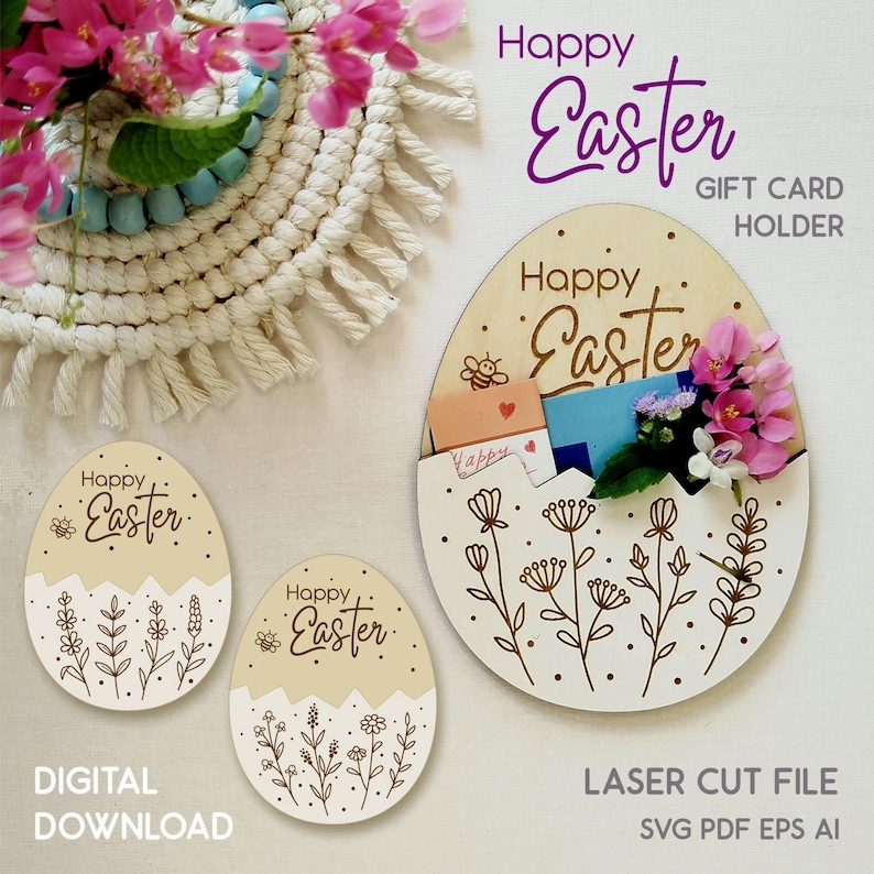 Paquete de archivos SVG cortados con láser para portatarjetas de regalo de Pascua con diseño de flores silvestres (descarga digital) imagen 1
