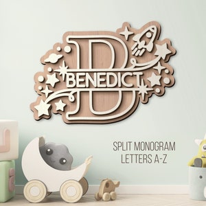 Babynaambord SVG, lasergesneden bestand kindernaam slaapkamer teken, houten naamplaatjes svg, teken van de kinderkamer, babyjongen meisje naam gesplitst monogram Svg