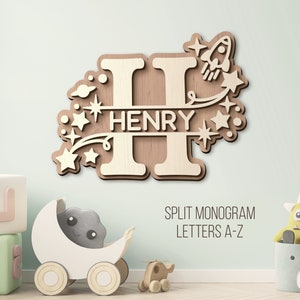 Babynaambord SVG, lasergesneden bestand kindernaam slaapkamer teken, houten naamplaatjes svg, teken van de kinderkamer, babyjongen meisje naam gesplitst monogram Svg
