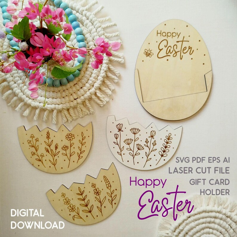 Paquete de archivos SVG cortados con láser para portatarjetas de regalo de Pascua con diseño de flores silvestres (descarga digital) imagen 5