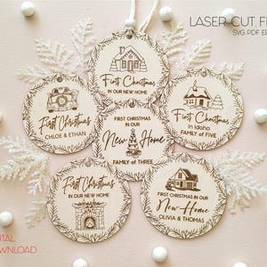 Premier Noël dans notre nouvelle maison, boule de Noël ronde, fichier découpé au laser, conception de cadeau de Noël personnalisé, décoration de Noël pour jeunes mariés, SVG
