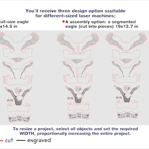 May include: A laser-cut design featuring three eagle options. The full-size eagle measures 20x14.5 inches, while the segmented eagle is 19x13.7 inches. The design includes the text "USA IN GOD WE TRUST" and instructions for resizing the project.