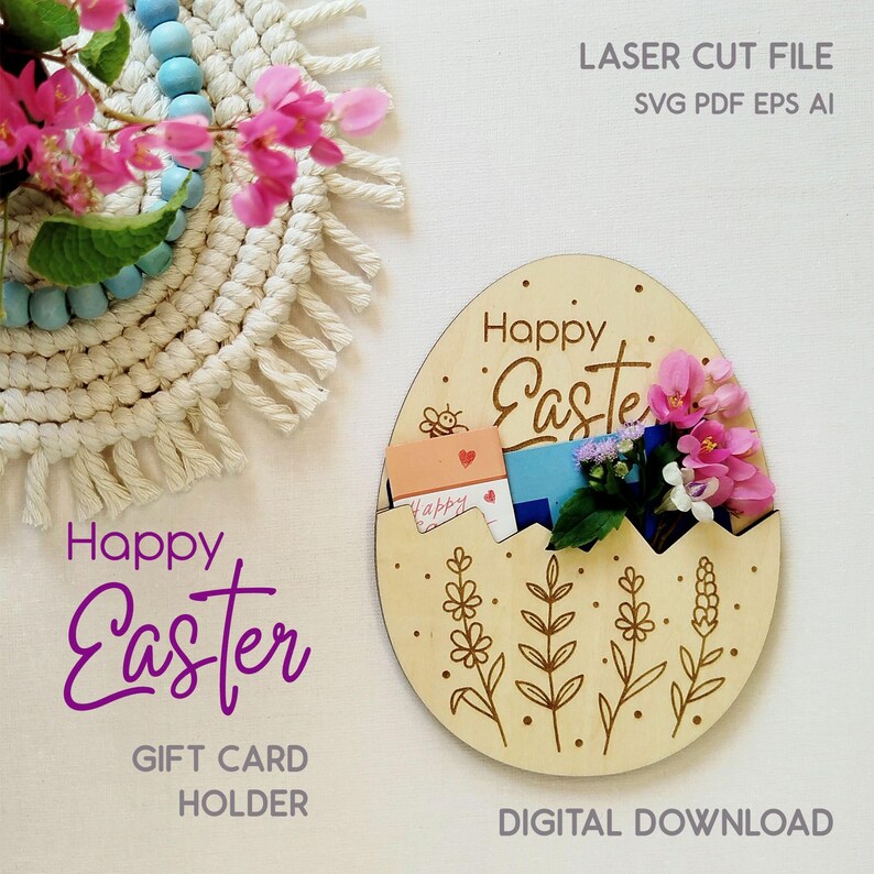 Paquete de archivos SVG cortados con láser para portatarjetas de regalo de Pascua con diseño de flores silvestres (descarga digital) imagen 2