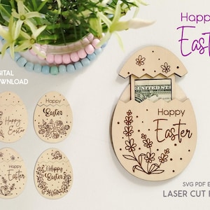 Conjunto de regalos de dinero de Pascua con archivo láser SVG, porta dinero de Pascua, archivos de corte de huevos de Pascua florales, paquete de adornos de Pascua con láser SVG
