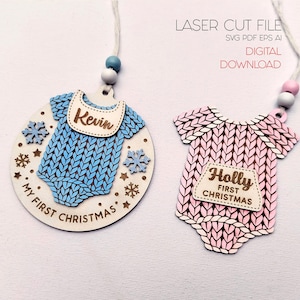 Primo addobbo natalizio del bambino SVG, Il mio primo Natale, Decorazioni natalizie per la famiglia File tagliato al laser, File personalizzabili per etichette regalo di Natale SVG