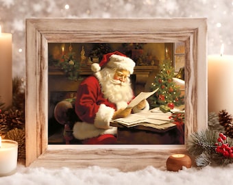 Vintage Christmas Print, Christmas Poster, Christmas Printable Wall Art, Christmas Santa art, Christmas Wall Decor, Santa checking gift list