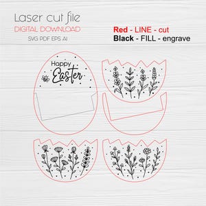Puede incluir: Archivo de corte l&aacute;ser digital con dise&ntilde;os de huevos de Pascua. Los dise&ntilde;os incluyen un huevo con el texto "Happy Easter" y mitades de c&aacute;scaras de huevo florales. Disponible en formatos SVG, PDF y EPS. Las l&iacute;neas rojas indican los cortes.
