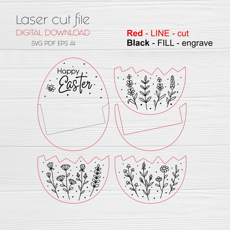 Puede incluir: Archivo de corte l&aacute;ser digital con dise&ntilde;os de huevos de Pascua. Los dise&ntilde;os incluyen un huevo con el texto "Happy Easter" y mitades de c&aacute;scaras de huevo florales. Disponible en formatos SVG, PDF y EPS. Las l&iacute;neas rojas indican los cortes.