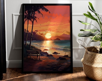 Beach Sunset Print - Sunset view of Beach Wall Art Print - Beach Poster Wall Art - Sunset Painting- Beach Painting Wall Art Hang