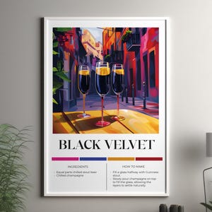 Póster de Black Velvet, 3 tipos de impresiones de Black Velvet - Impresión de cócteles de Black Velvet - Póster de recetas de Black Velvet - Recetas de cócteles