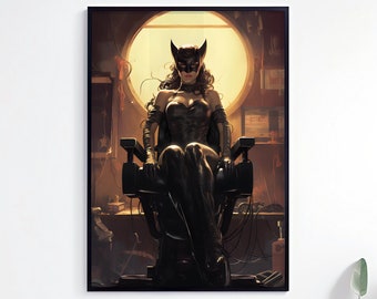 Catwoman at The Barbershop Wall Art Print, Catwoman Poster, Gift For Barber, Barbershop Art Poster, Catwoman Wall Decor