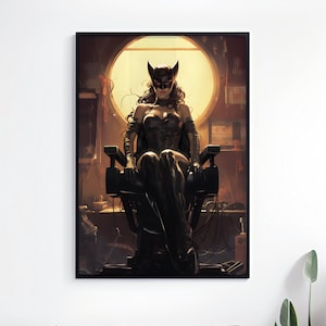 Catwoman at The Barbershop Wall Art Print, Catwoman Poster, Gift For Barber, Barbershop Art Poster, Catwoman Wall Decor