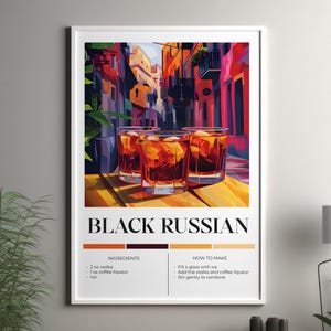 Póster de "Rusia Negra", 3 tipos de impresiones de "Rusia Negra", impresión de cócteles "Rusia Negra", póster de recetas de "Rusia Negra", recetas de cócteles