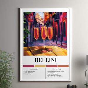 Póster de Bellini, Impresión de cóctel Bellini, Póster de 3 tipos de Bellini - Póster de recetas de Bellini - Recetas de cócteles - Decoración de bar para el hogar