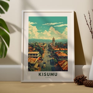 May include: A framed print of a city skyline with a tall building in the center. The print is in a white frame and has a blue and green color scheme. The text "Kisumu, Kenya" is printed at the bottom of the print.