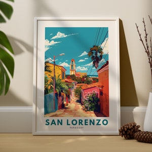 May include: A colorful travel poster featuring a street scene in San Lorenzo, Paraguay. The poster has a blue sky with white clouds, a yellow building with a bell tower, and a palm tree. The text "SAN LORENZO PARAGUAY" is at the bottom of the poster.