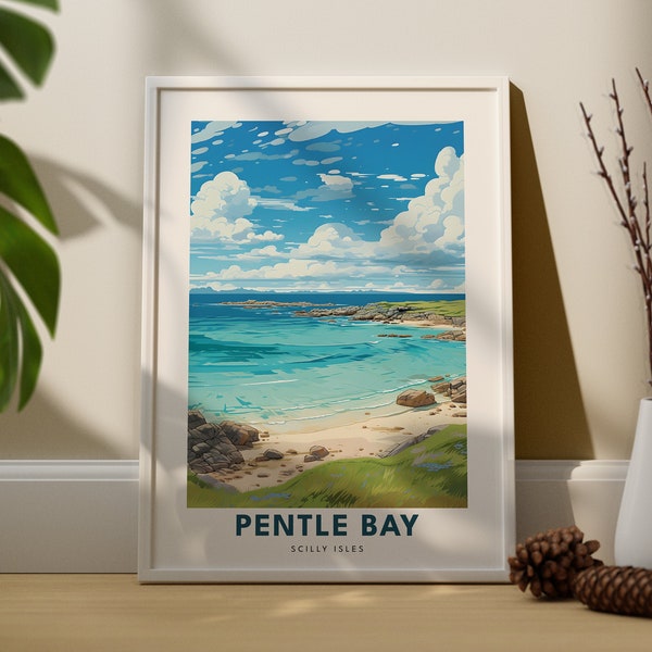 Impression de voyage sur la plage de Pentle Bay, impression d'art mural, tenture murale de la plage des îles Scilly, décoration d'intérieur, cadeau de plage de Pentle Bay, amateurs d'art