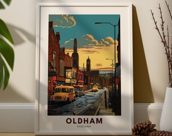 Oldham Travel Print Wall Art Oldham Wall Hanging Home Décor  Greater Manchester Gift Art Lovers Oldham District Vintage Print