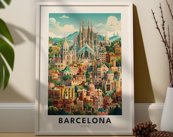 Barcelona landmarks travel print, Barcelona landmarks travel poster, Barcelona landmarks spain city wall art hang decor