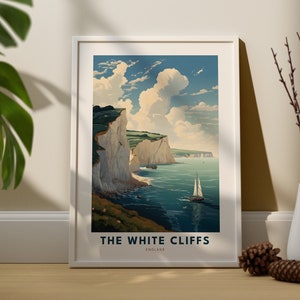 May include: A vintage travel poster depicting the white cliffs of Dover, England. The poster shows a blue sky with white clouds and a sailboat on the sea. The text "THE WHITE CLIFFS ENGLAND" is at the bottom of the poster.