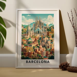 Barcelona landmarks travel print, Barcelona landmarks travel poster, Barcelona landmarks spain city wall art hang decor