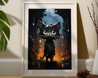 趣味絵画：かわいい黒猫の作品 絵画 | イラストポスター 188 ☆ 【黒猫の魅力的でかっこいい姿
