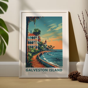 Impresión de arte de pared de la isla de Galveston, cartel de viaje de la isla de Galveston, decoración de la pared de Texas, arte de la pared de la isla de Galveston, impresión de Texas