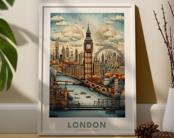 London Wall Art Print - London Art Poster  - London City Art Print - London Big Ben and London Cityview - London Vintage Poster