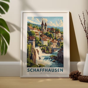 Impressão artística de Schaffhausen, pôster de viagem na parede de Schaffhausen, decoração de parede da Suíça, arte de parede de Schaffhausen pendurada, impressão da cidade da Suíça