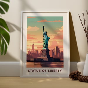 This meticulously crafted print features a breathtaking depiction of the Statue of Liberty standing tall against the backdrop of the New York City skyline.