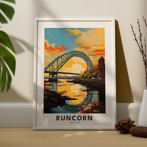 Può includere: Un poster vintage di viaggio con un'illustrazione colorata di un ponte su un fiume con un tramonto sullo sfondo. Il testo "Runcorn, Inghilterra" è in fondo al poster.