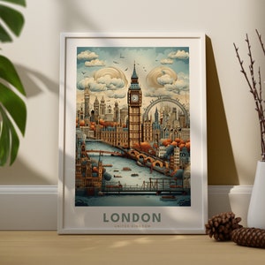 Lámina de arte mural de Londres - Póster de arte de Londres - Lámina de arte de la ciudad de Londres - Big Ben de Londres y vista de la ciudad de Londres - Póster vintage de Londres