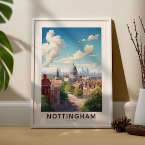Impression de la ville de Nottingham, affiche de Nottingham, art mural de la ville d'Angleterre, affiche de la ville du Royaume-Uni, art mural de Nottingham, cadeau de Nottingham
