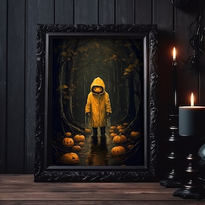 Niño calabaza en el bosque, impresión de carteles de arte, academia oscura, arte de pared gótico, arte de brujas, cartel de arte de Halloween