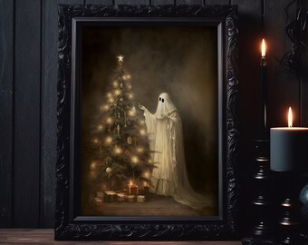Ghost decorates christmas tree, gothic ghost wall art, ghost art print, dark academia art print, halloween poster, ghost painting