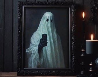 Fantasma toma selfie impresión de arte, arte gótico de la pared fantasma, impresión de arte fantasma, impresión de arte académico oscuro, cartel de Halloween, pintura de fantasmas