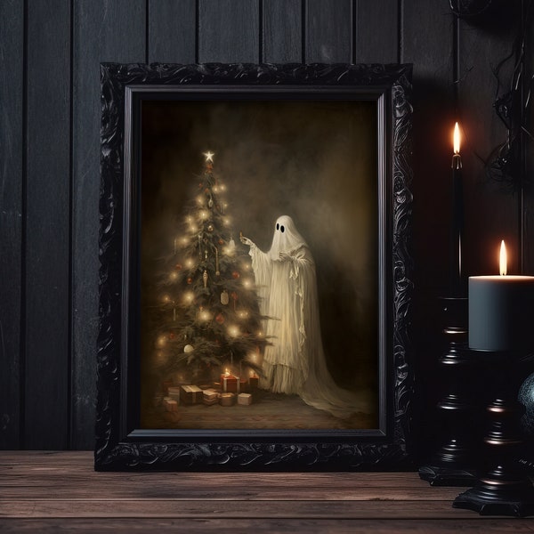 Ghost decorates christmas tree, gothic ghost wall art, ghost art print, dark academia art print, halloween poster, ghost painting