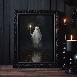 Ghost holding candle middle of the forest, ghost horror art print, dark academia poster, horror wall prints, halloween decorations